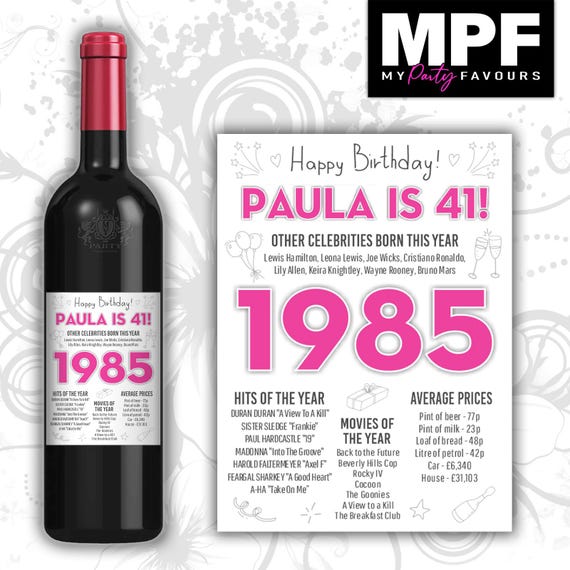 Personalised 1985 41st Birthday Wine Gin Vodka Bottle Label - Pink or Blue - Party 41