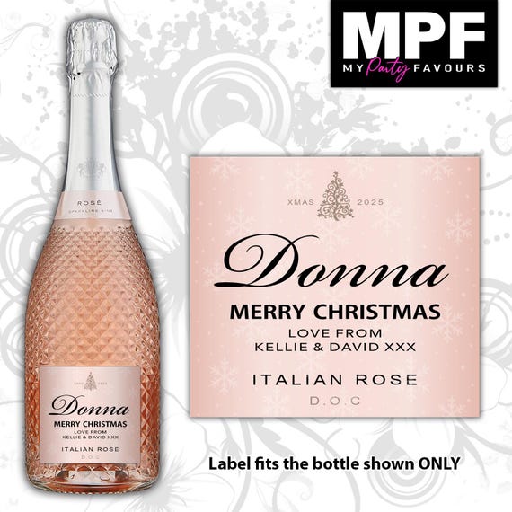 Christmas Prosecco Bottle Label Personalised - Pink Rose - Secret Santa Gift - MPF