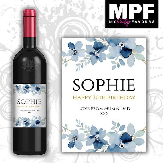Personalised Birthday Wine Bottle Label - Blue Floral Flowers - Any Name & Age