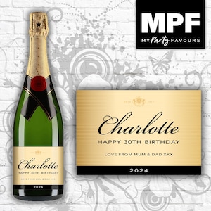 May include: A gold and black champagne bottle label with the text "Charlotte Happy 30th Birthday Love from Mum & Dad XXX 2024".