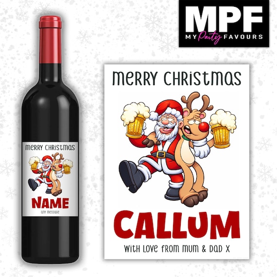 Christmas Wine Label Sticker Personalised Bottle Gift Family Secret Santa xmas work - MPF