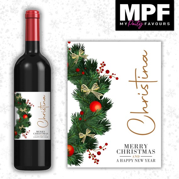 Christmas Wine Label Sticker Personalised Bottle Gift Family Secret Santa xmas work - MPF