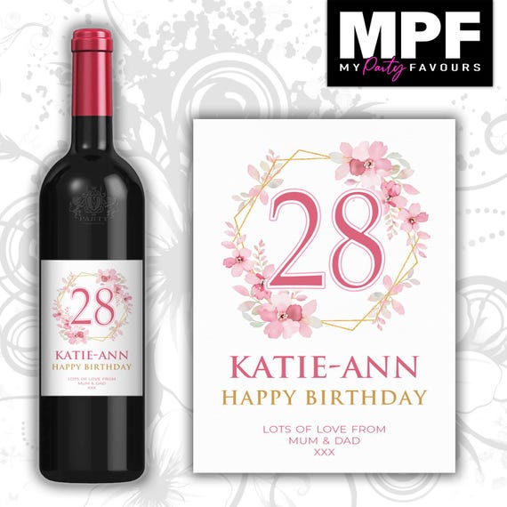 Personalised Birthday Wine Bottle Label - Pink Floral Flowers - Any Name & Age