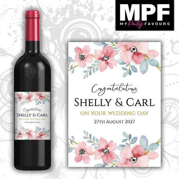 Personalised Wine Bottle Label Wedding Engagement Vow Renewal - Flowers Floral Pink