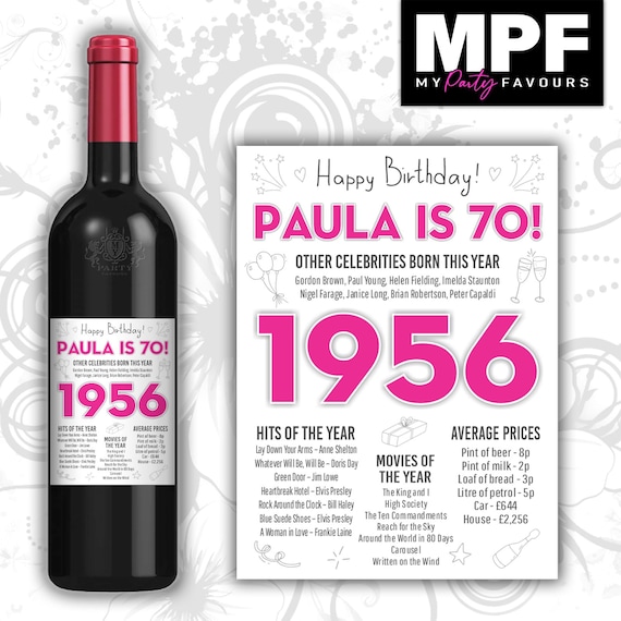 Personalised 1956 70th Birthday Wine Gin Vodka Bottle Label - Pink or Blue - Party 70