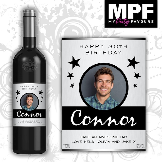 Personalised Photo Birthday Wine/Champagne/Prosecco Bottle Label - Silver - Any Name & Age