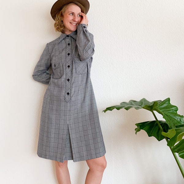 Vintage Kleid mit Glencheck Muster und 70er Jahre Spitzkragen, Kraomuster, 70s, Slowfashion, Unikat, feminin