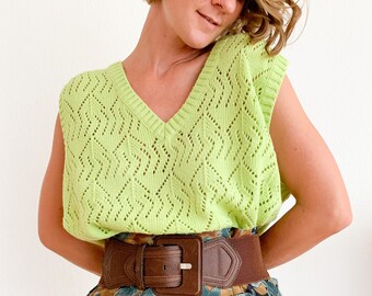 Second hand sweater vest with hole pattern, bright green, slow fashion, knitted sweater vest, oversize, unique