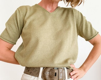 Vintage sweater with short sleeves, khaki, light green slow fashion, knitted sweater, cropped