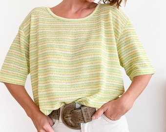 Vintage sweater with short sleeves, bright yellow & green stripes, slow fashion, knitted sweater, oversize, unique