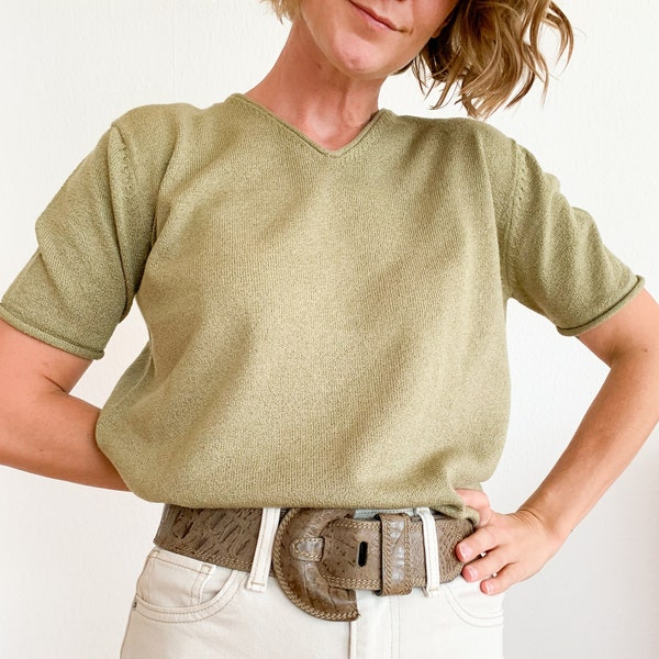 Vintage Pullover mit Kurzarm, khaki, hellgrün Slowfashion, Strickpullover, cropped