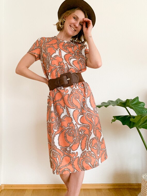 Vintage Kleid mit floralem Fantasiemuster, Orange… - image 6