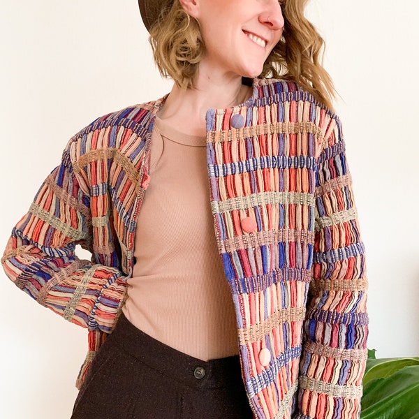 Vintage ladies jacket handwoven with buttons, colorful, boho, unique, slow fashion, single piece