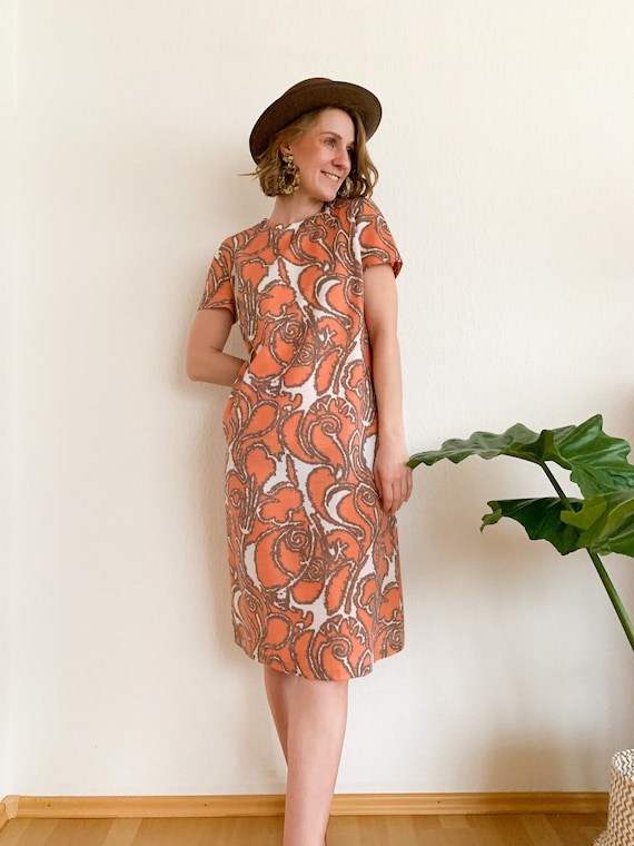 Vintage Kleid mit floralem Fantasiemuster, Orange… - image 3