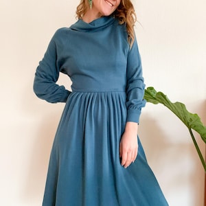 Vintage dress in turquoise / petrol with bow | turtleneck dress | winter dress | elegant, feminine | unique