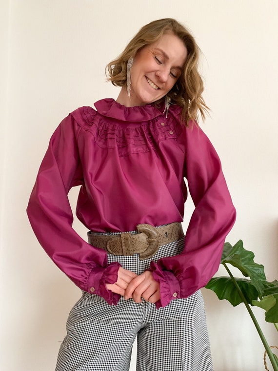 Vintage Damen Bluse mit Rüschenkragen in Fuchsia/L