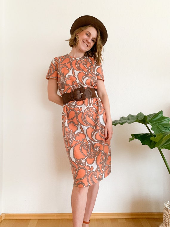 Vintage Kleid mit floralem Fantasiemuster, Orange… - image 5