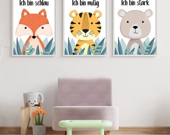 3 Stk. Tierische Affirmationsbilder | Tiere und Motivationssprüche für Kinderzimmer & Babyzimmer | A4 Kinder Deko Poster Jungen und Mädchen