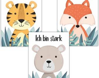 Tierische Affirmationsbilder 3er Set Bilder |  Motivationssprüche für Kinderzimmer & Babyzimmer | A4 Kinder Deko Poster Jungen Mädchen #M01