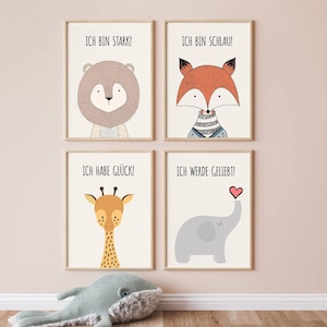 4 piezas Imágenes de afirmación de animales | Animales y frases motivadoras para habitaciones infantiles y de bebés. Póster decorativo infantil A4 niños y niñas.