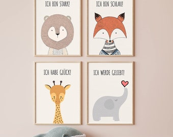 4 pcs. Animal Affirmation Pictures | Animals and motivational sayings for children's rooms and baby rooms A4 children's decorative poster boys and girls