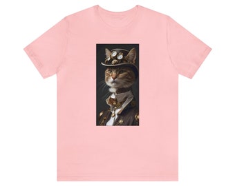 Portrait de chat, style steam-punk, t-shirt unisexe à manches courtes en jersey