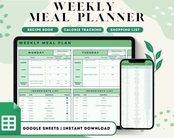 May include: A digital weekly meal planner template in Google Sheets. The template includes sections for Monday and Tuesday, with columns for meals, servings, dietary theme, calories per serving, and ingredients. The template also includes a weekly shopping list.