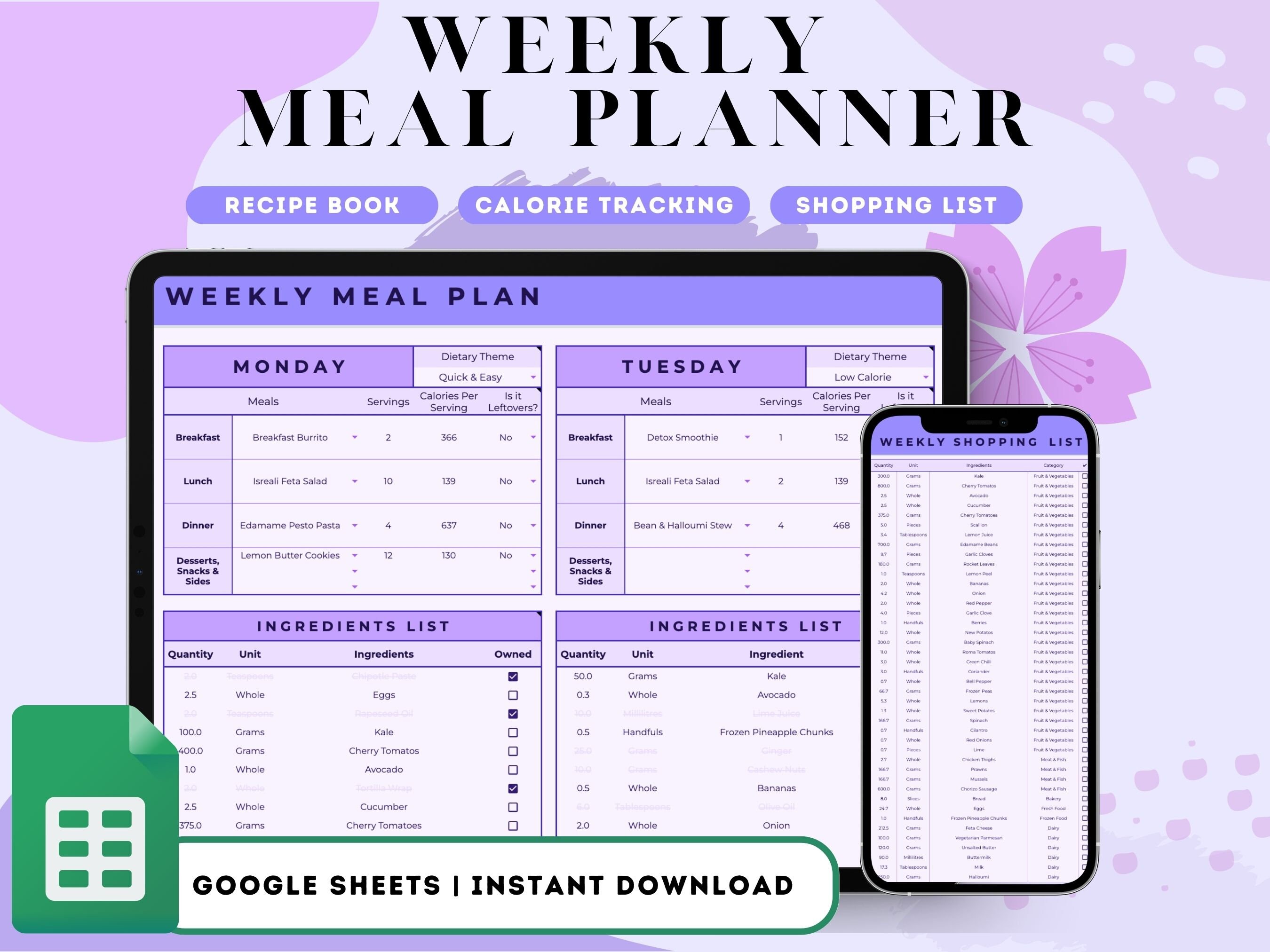 Weekly Meal Planner, Shopping List & Calorie Tracker | Google Sheets ...