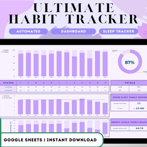 Puede incluir: Una hoja de cálculo de Google Sheets de color morado y blanco en la pantalla de un portátil con el texto "ULTIMATE HABIT TRACKER" en la parte superior. La hoja de cálculo incluye un rastreador de hábitos, un rastreador de sueño y un rastreador de niveles de energía. La hoja de cálculo está automatizada e incluye un panel de control.