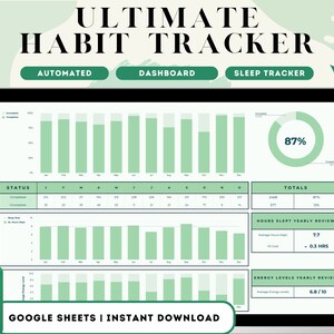May include: A green and white Google Sheets spreadsheet on a laptop screen with the title "ULTIMATE HABIT TRACKER". The spreadsheet includes charts and graphs to track habits, sleep, and energy levels. The text "GOOGLE SHEETS | INSTANT DOWNLOAD" is at the bottom of the screen.