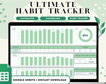 Rastreador de hábitos digitales / Hojas de cálculo de Google / Mensual / Semanal / Diario / Planificador de productividad / Planificador de objetivos / Sueño / Bienestar / Tema botánico