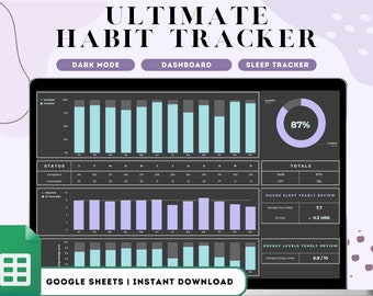 Rastreador de hábitos digitales / Hojas de cálculo de Google / Mensual / Semanal / Diario / Planificador de productividad / Planificador de objetivos / Sueño / Bienestar / Modo oscuro
