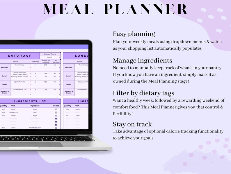 Weekly Meal Planner, Shopping List & Calorie Tracker Google Sheets ...