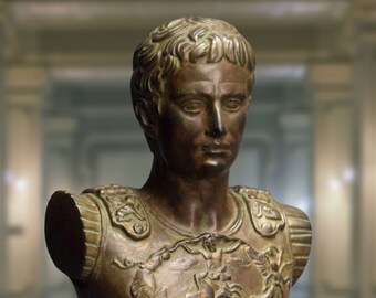 Bust of Caesar Augustus. Bronze patina. Height 11in. Handmade in Europe.