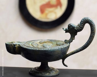 Roman Oil Lamp. Sea Serpent. Width 16 cm (6.3 in). Cast Bronze. Handmade Reproduction