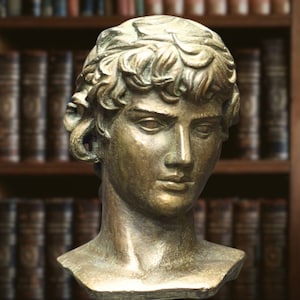 Bust of Antinous. 13.78 x 5.12in. Bronze patina. Hand made in Europe.