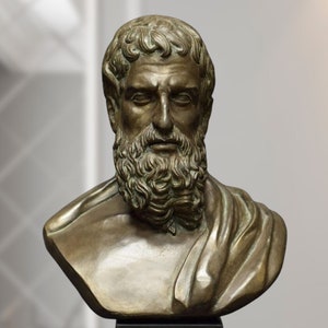 Bust of the philosopher Epicurus. 13.8 inches. (35 cm). Bronze patina. Molded marble. Handmade in Spain