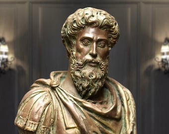 Busto Marco Aurelio. Pátina bronce. Base redonda. 9.45 in. Filósofo estoico. Fabricado a mano en Europa.
