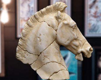 Molded Marble Horse Head Sculpture: Ancient Art Reproduction