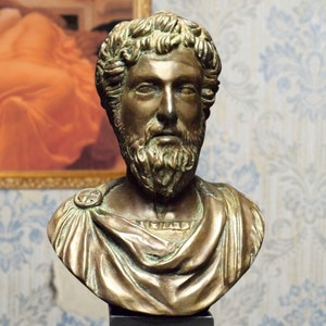 Busto del Filósofo Estoico Marco Aurelio, 13,7 pulgadas. Pátina de bronce. Fabricado a mano en Europa.