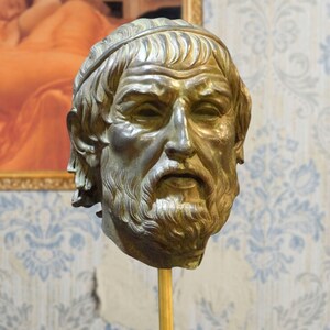 Head of Sophocles. Height: 16.53in. (42cm) Bronze patina. Handmade in Spain.