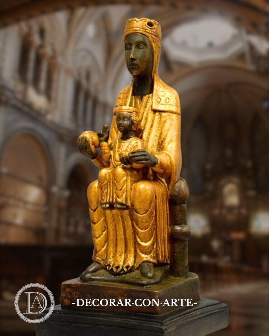 Virgin of Montserrat Statue: Molded Marble Religious Art, Golden