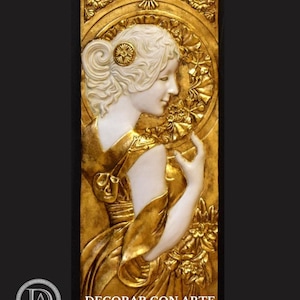 Art Nouveau Bas-Relief (right). 74 x 31 cm (29.1 x 12.2 in). A. Mucha. Reproduction in molded marble. Handmade in Spain.