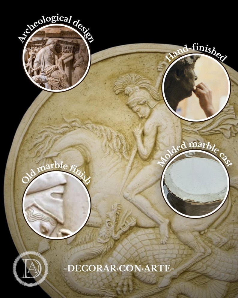 Saint George and the Dragon Relief: Molded Marble Reproduction in Frame. 67 cm (26.38 in.). immagine 4