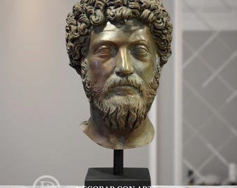 Marcus Aurelius Mask. Bronze Patina. 50 cm (19.68 inches). Molded Marble Sculpture.