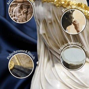 May include: A white marble bust of a woman with a gold crown. The bust is a molded marble cast with a polychromed finish. The image shows details of the design process, including an archeological design, a hand-finished detail, and a molded marble cast.