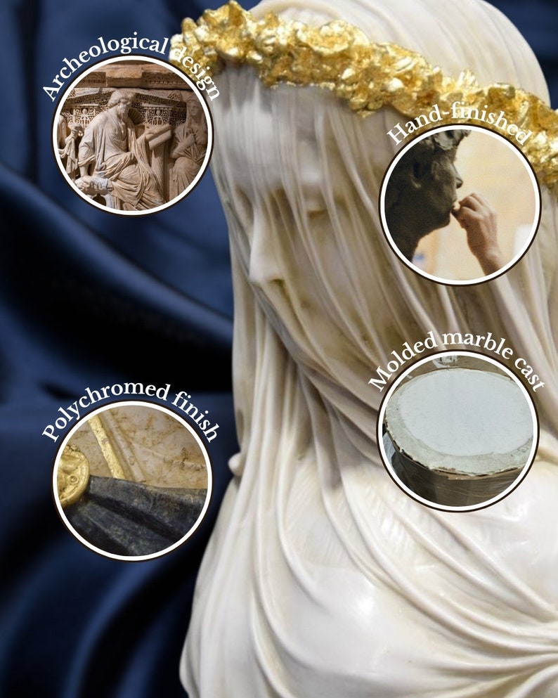 May include: A white marble bust of a woman with a gold crown. The bust is a molded marble cast with a polychromed finish. The image shows details of the design process, including an archeological design, a hand-finished detail, and a molded marble cast.