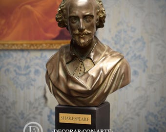 William Shakespeare Bust. Bronze Patina. 11.42 in. (29 cm). Handmade  Molded Marble Sculpture