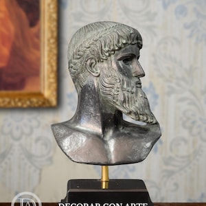 Bust of Zeus-Poseidon of Cape Artemisius. H: 11.81in. Bronze patina. Handmade in Europe.