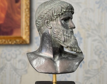 Bust of Zeus-Poseidon of Cape Artemisius. H: 11.81in. Bronze patina. Handmade in Europe.